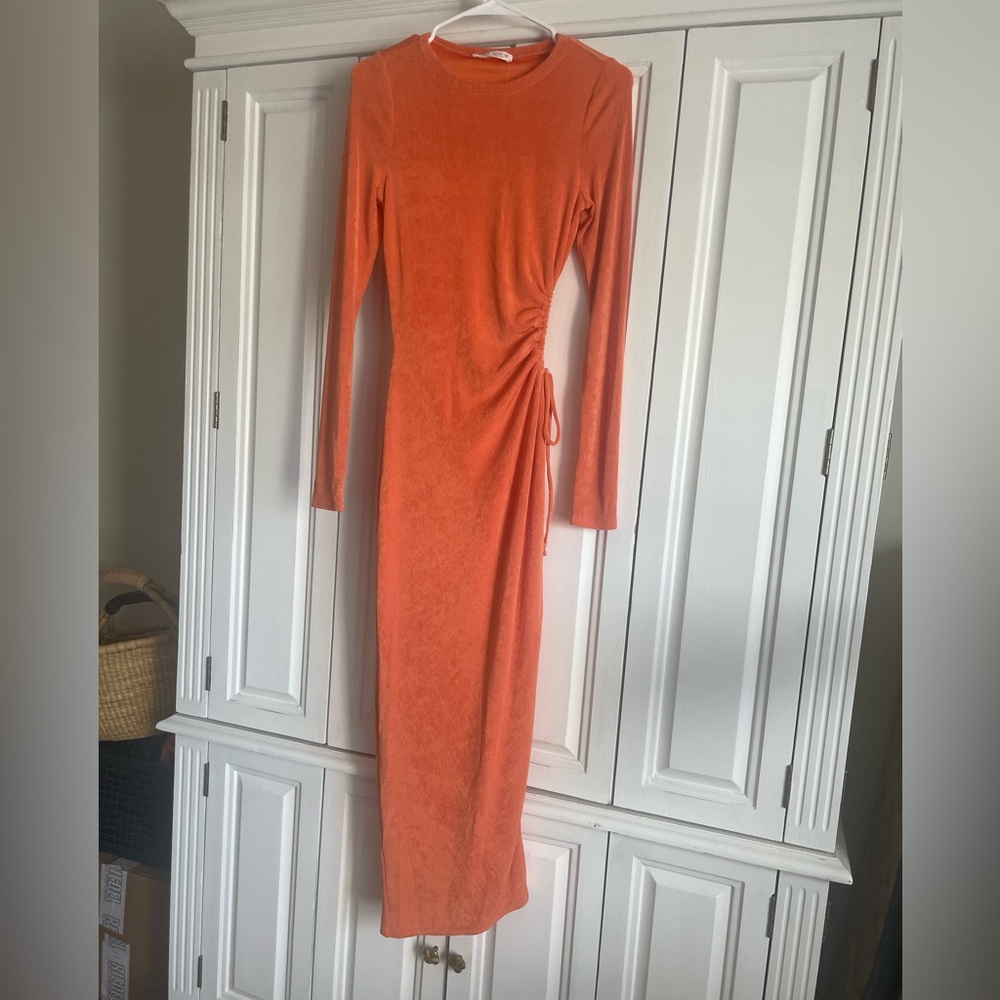 12th Tribe Long Sleeve Orange Ruched Side Maxi Dress